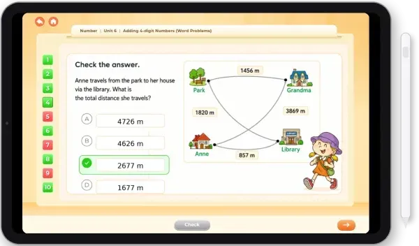 eMathSmart interactive math practice on a tablet with a distance diagram and multiple-choice answers