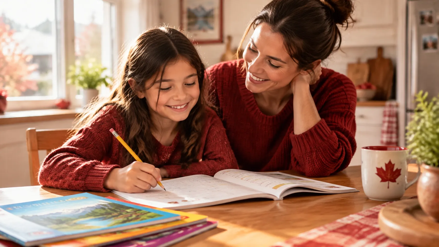 Parent and child working together through an open workbook at a sunlit kitchen table
